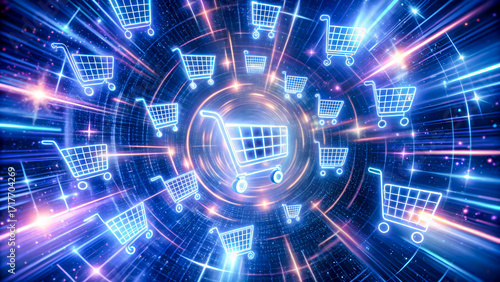 Dynamic shopping carts swirl in glowing digital vortex, online commerce explosion