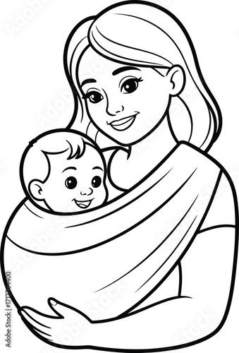 Happy mother holding her adorable baby securely in a fabric baby sling or wrap