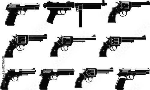 Handgun silhouette vector set, revolver clipart collection, firearm side view illustration, pistol icons, weapon graphic, gun shapes, black outline