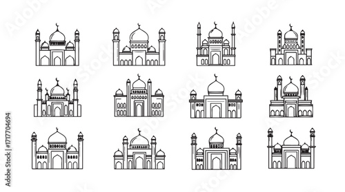 Collection of hand drawn islamic mosque architectural designs for cultural and religious themes silhouette