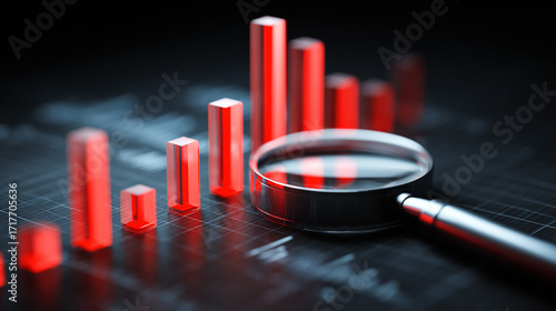 White background with 3D magnifying glass over glowing bar graph, concept of analytics and data research.