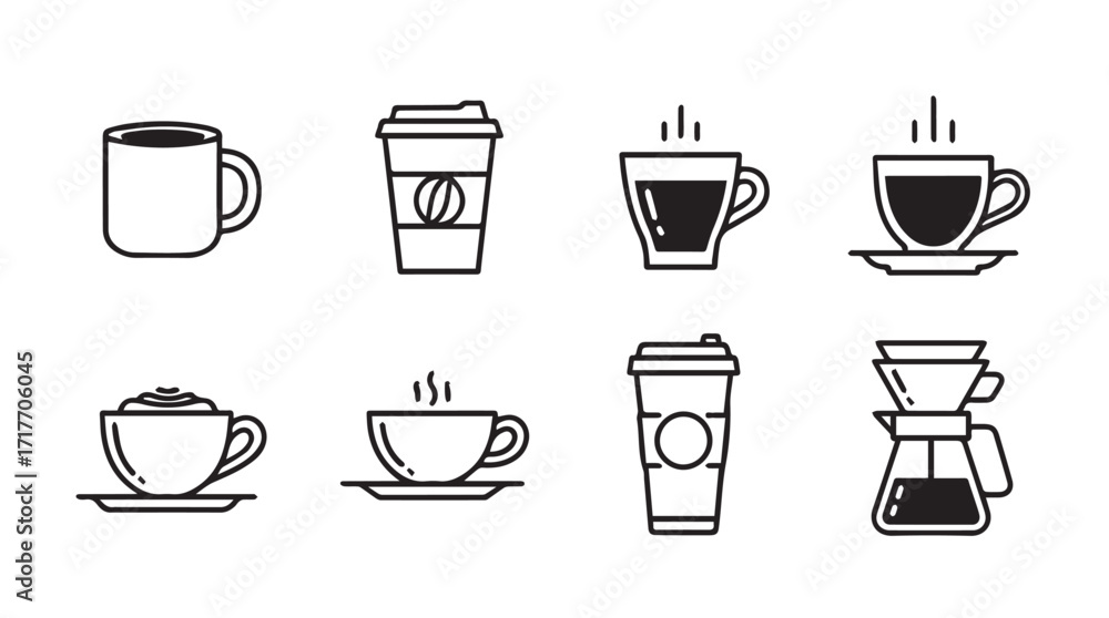 Αυτοκόλλητο Collection of coffee cups and brewing equipment line art icons representing vari