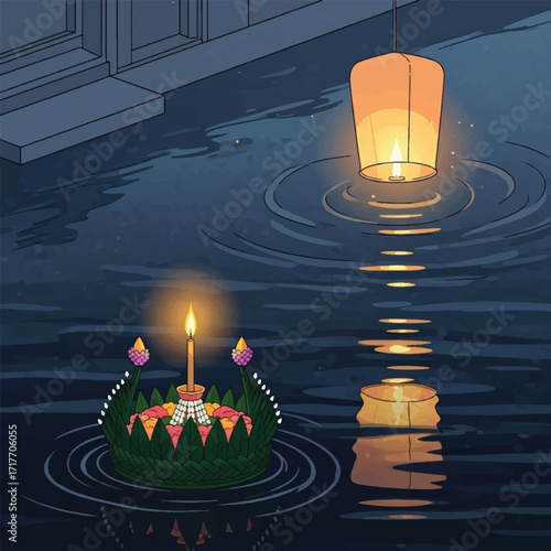 Floating lantern and floral crown on water, likely a cultural or religious event.