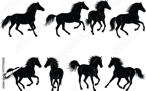 Horse silhouette vector set, galloping horse poses, black animal shapes, dynamic motion, equine anatomy, running horse clipart, stock illustration, design element