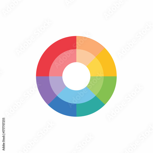 Abstract circular color wheel icon with seven vibrant and pastel segmented rings