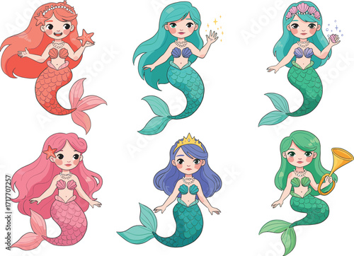 Beautiful cartoon mermaid princess, cute ocean character, magical underwater girl illustration, adorable fairy tale sea creature art, fantasy marine design