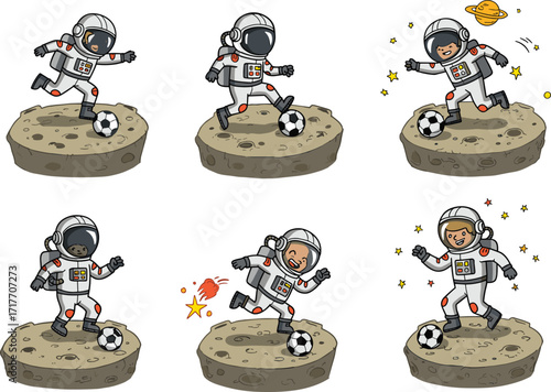 Cartoon astronauts kicking soccer ball on moon, outer space sport activity, kids in spacesuits, cosmic football game, galaxy adventure illustration