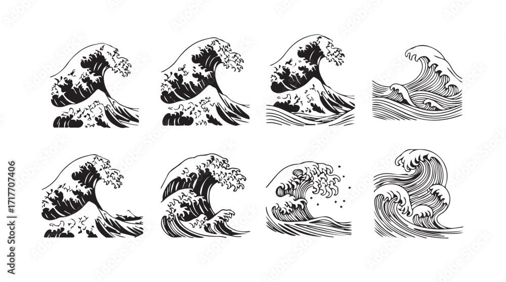 Φωτογραφία Collection of eight stylized japanese great wave designs for nautical and oceani