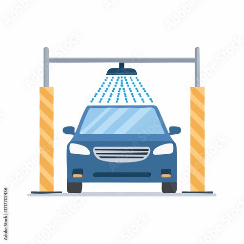 Dark Blue Car Moving Through an Automatic Car Wash Water Jets and Yellow Pillars