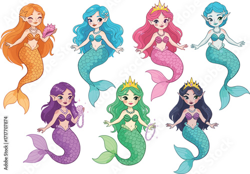 Cute cartoon mermaid characters, fantasy sea princess illustration, magical ocean girl drawing, adorable underwater creature art, fairy tale marine design