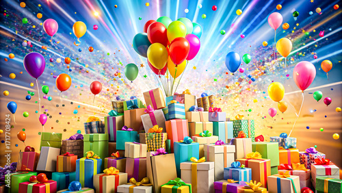 Vibrant celebration with balloons, confetti, and gift boxes