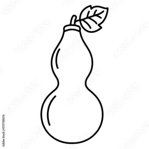 Calabash Gourd Outline with Leaf Vector Illustration in Black and White