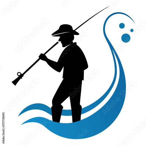 Fisherman Silhouette Vector Illustration, Fishing Rod, Outdoor River Hobby and Adventure Design