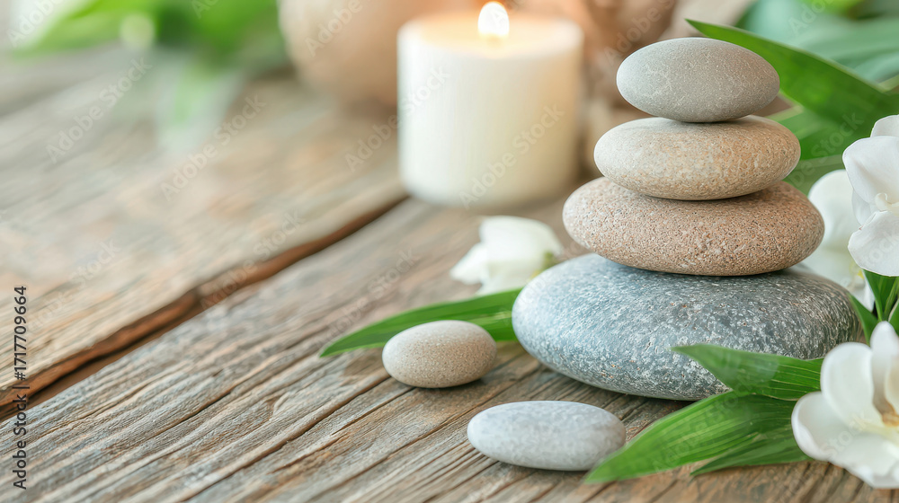 Fototapeta premium Soothing stones stacked on wooden surface with candle and flowers, creating tranquil atmosphere for relaxation and meditation