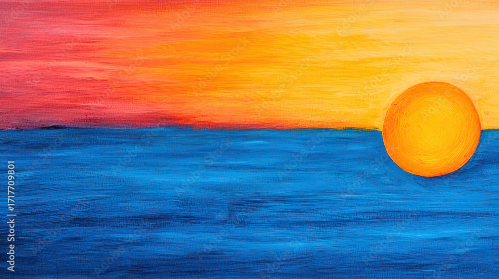 Obraz premium Vibrant sunset painting featuring bright orange sun setting over calm blue ocean, with warm hues of red and yellow in sky