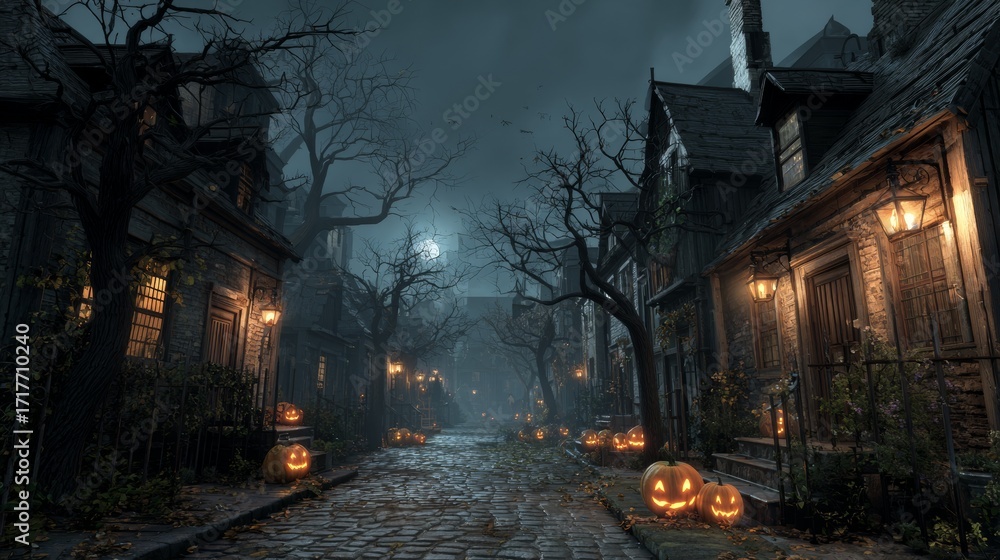 Naklejka premium Spooky halloween night on cobblestone street with glowing jack-o'-lanterns