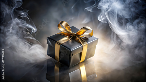 Elegant black gift box with gold ribbon, shrouded in mysterious smoke