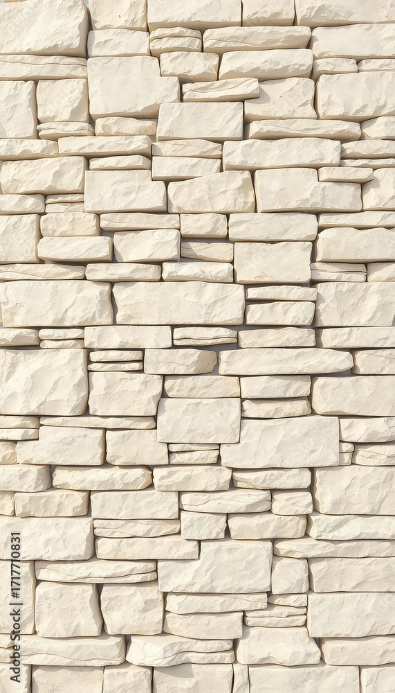 Fototapeta premium Cream colored block wall texture featuring irregular rectangular stones, ideal for backgrounds and modern construction applications