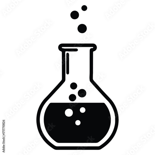 Laboratory flask with bubbling liquid black and white science icon