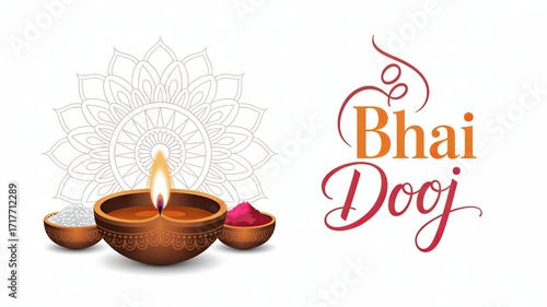 Bhai Dooj festival illustration with diya and tika items.