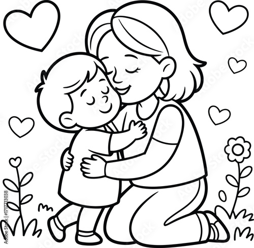 Sweet line art illustration of a mother and child embracing with hearts and flowers for coloring
