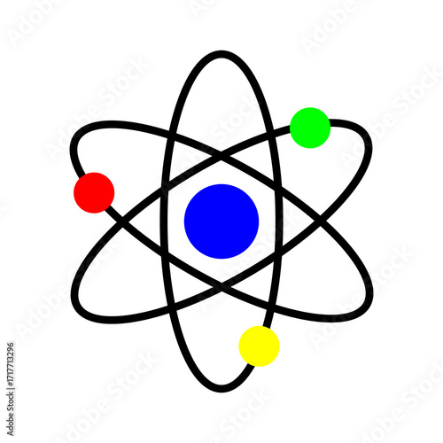 A stylized blue atom icon with orbiting electrons symbolizes atomic science and nuclear energy