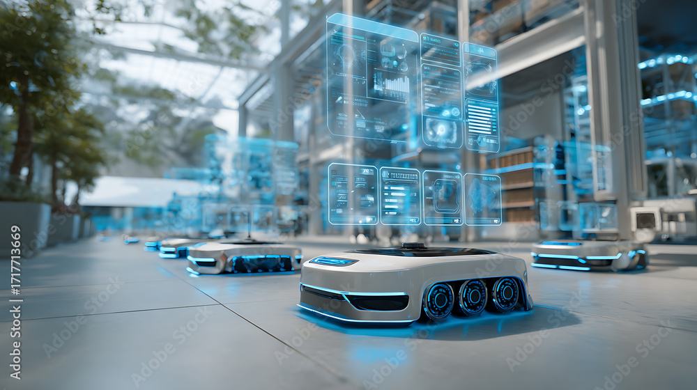 Obraz premium Autonomous robotic units with holographic interfaces operate in a modern industrial facility