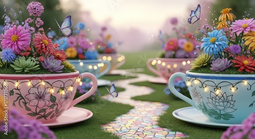 Whimsical Teacups Overflowing with Vibrant Flowers and Delicate Butterflies