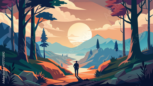 Vector art of a lone figure gazes at a breathtaking mountain landscape during sunset, capturing the essence of exploration and the beauty of natures grandeur
