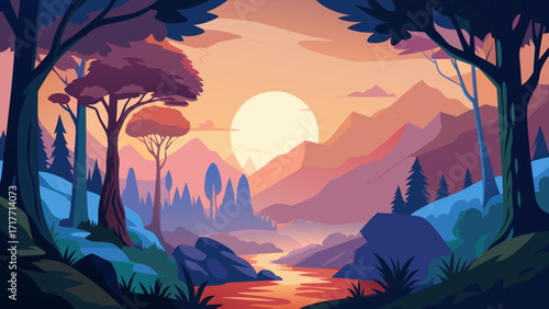 Vector art of a serene vector landscape featuring a vibrant sunset over mountains, with trees silhouetted against the colorful sky, creating a peaceful scene
