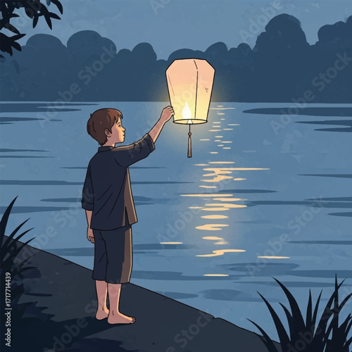 Young boy releases a glowing sky lantern over calm water at night.