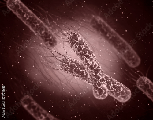 Medical background, dangerous to health and life pathogenic bacteria Vibrio cholerae, the causative agent of cholera disease, 3D rendering