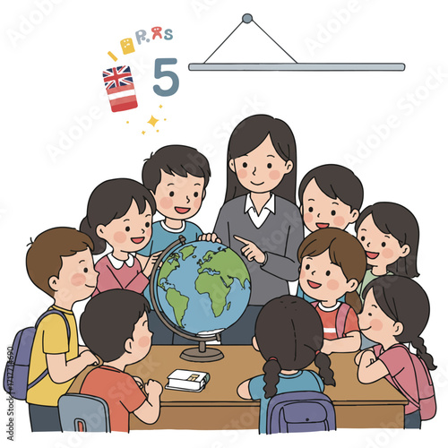 Diverse elementary school children and a friendly teacher happily learn geography, gathered around a colorful globe, pointing at countries in a bright classroom, a clean 2D flat vector art.