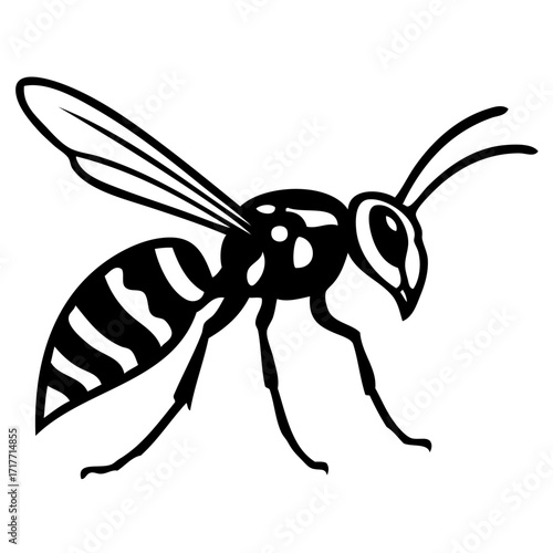 Black silhouette illustration of a wasp with detailed wings and striped abdomen. It can be used in logo design, tattoo concepts, warning signs, educational materials about insects, and themed graphic.
