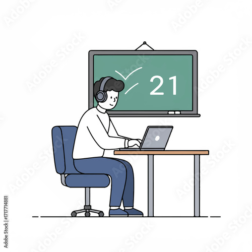 Flat 2D vector illustration of a person in headphones, attentively engaged in a laptop online lecture at a desk, with a virtual chalkboard, symbolizing distance education.