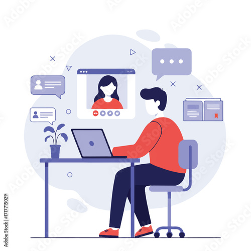 Young student focused on online learning, watching a teacher on a laptop video conference call, digital icons in a simplified flat 2D vector illustration.