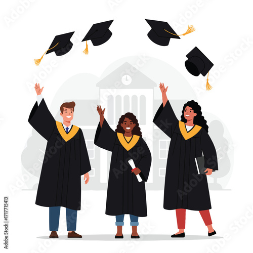 Diverse university graduates in caps and gowns joyfully celebrate their achievement, throwing hats into the air near a university building, a 2D flat vector.