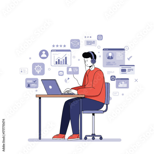 Young man engaged in online learning via laptop and headphones, surrounded by floating digital graphs and icons, presented as a simplified 2D flat vector illustration.