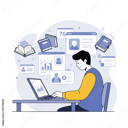 A focused young student engages with an online lecture on a laptop at a desk, surrounded by floating digital graphs and books, depicted in a clean 2D flat vector illustration on a white background.