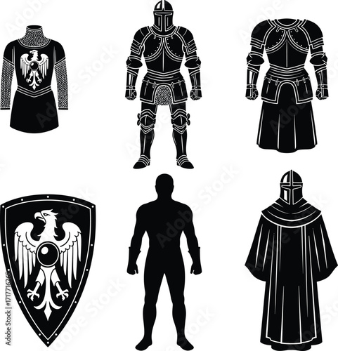Medieval knight armor collection with shield, helmet, tunic, and warrior silhouette, historical battle equipment, fantasy costume, vector illustration for design