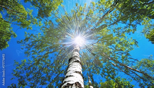 A Tall White Birch Trees Seen From Below Looking Up At The Canopy Of Leaves And Branches A Bright Sun Shining Through The Tree With Big Lens Flare And A Blue Sky In The Background