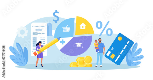 Personal income and expense management. Family budget strategy, planning. Young couple divides the items of expenditure. Control household finance