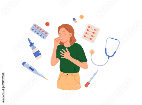 Character Sneezing and Coughing. Prevention against Virus and Infection.Young Woman Having a Cold. Flu and Sickness Concept. Doctors Treat Patient with Pills, Capsules. Influenza Treatment