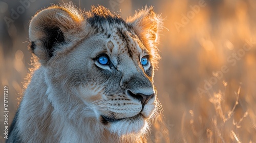 A blue eyed lion cub gazes thoughtfully as golden sunlight warms the grasslands