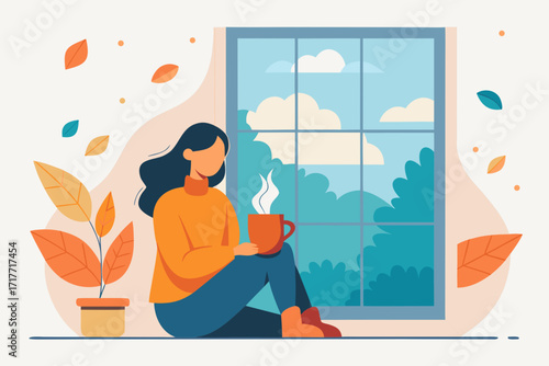 Woman sitting on windowsill with cup of tea, looking out at autumn leaves, cozy and calm