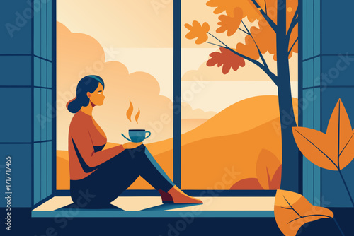 Woman sitting on windowsill with cup of tea, looking out at autumn leaves, cozy and calm