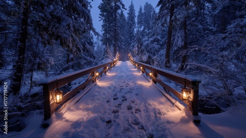 Snowy forest bridge at dusk with lanterns and footprints in winter wonderland