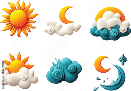 Collection of Stylized Clay Weather Icons Featuring Sun Moon Clouds and Rainbow vector illustration