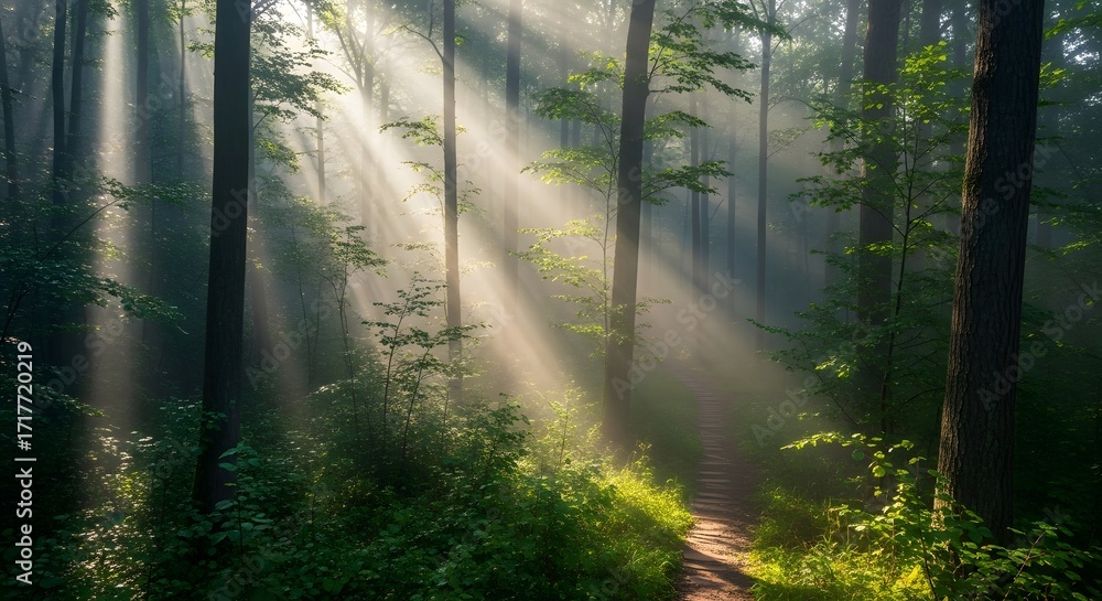 Obraz premium Enchanting Morning Light Piercing Through Lush Forest Canopy, Illuminating a Serene Woodland Path with Golden Sunbeams and Gentle Mist