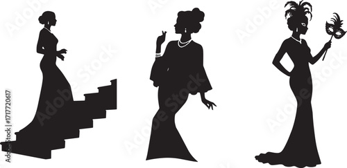 Elegant Silhouettes of Women in Evening Wear for a Masquerade Ball